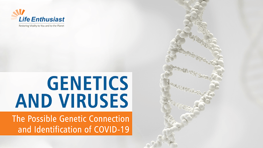 Illustration of DNA strand with text on Genetics and Viruses, discussing genetic connection to COVID-19.