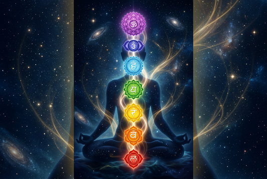 Chakra ORMUS Oils and Lotions illustration with colorful chakras against a cosmic background.