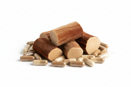 Elk Antler Velvet supplements in capsule form with natural antler pieces, promoting modern wellness.