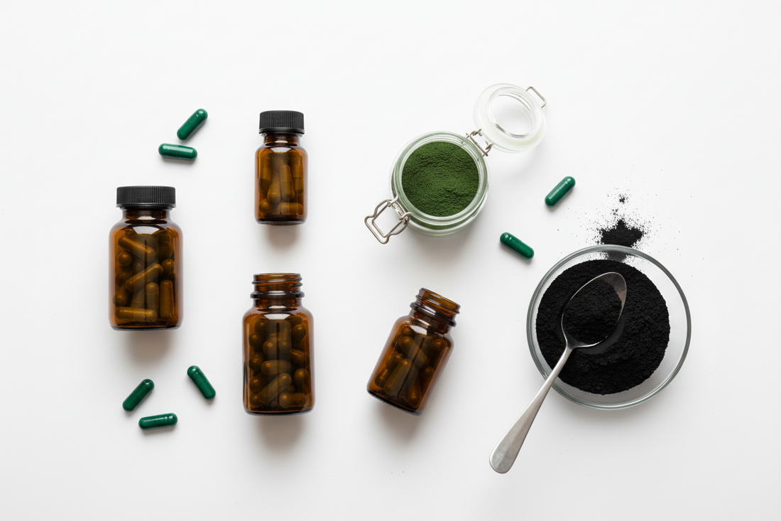 Various supplements and powders for Heavy Metal Detox Chemicals on a white background.