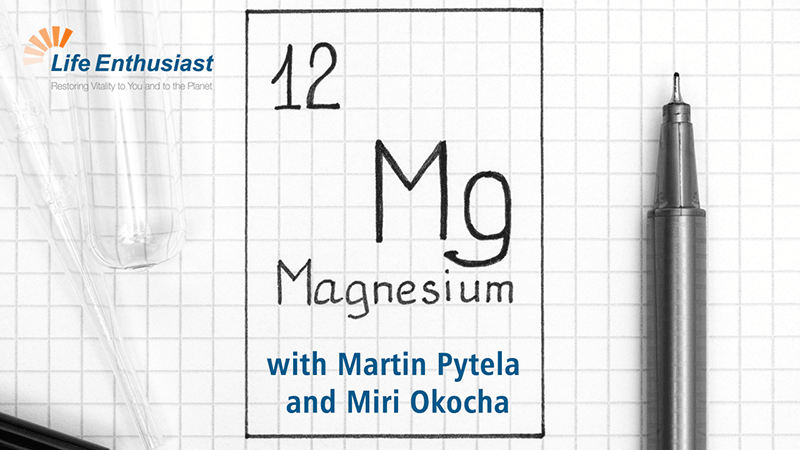 Podcast 374 discussing Magnesium featuring Martin Pytela and Miri Okocha with lab equipment background.