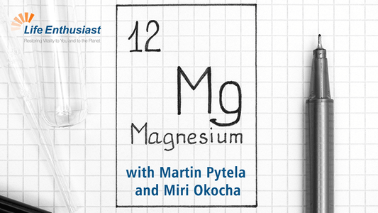 Podcast 374 discussing Magnesium featuring Martin Pytela and Miri Okocha with lab equipment background.
