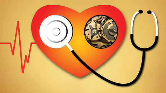 Heart illustration with a stethoscope and gears symbolizing health monitoring and medication comparison.