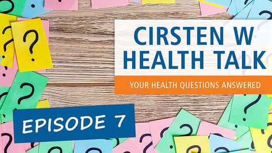 Cirsten W Health Talks Episode 7 image featuring colorful question marks on sticky notes.