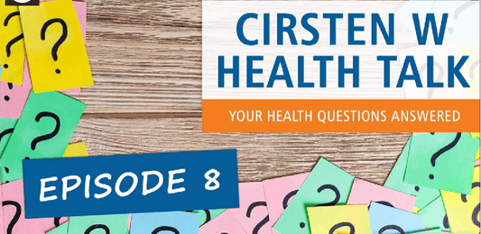 Cirsten W Health Talks Episode 8 graphic featuring colorful question marks on a wooden surface.
