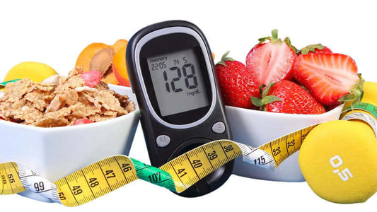 Insulin and Diabetes meter with healthy foods, measuring tape and fruits representing diabetes management.