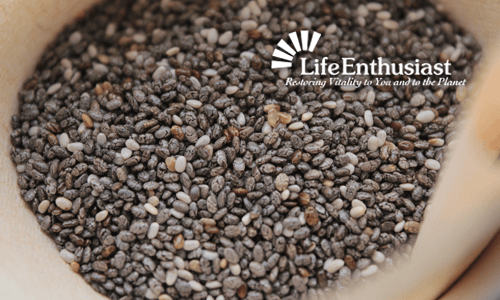Close-up of chia seeds in a bowl, highlighting their unique texture and color.