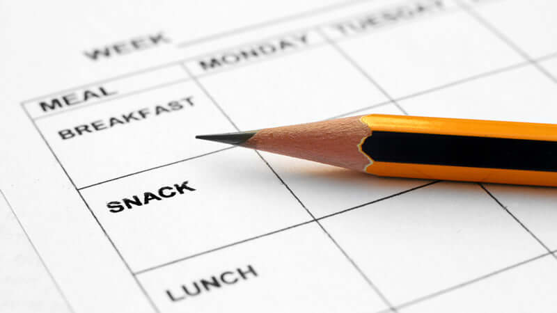 Eating Programs meal planning sheet with pencil highlighting 'SNACK' entry.