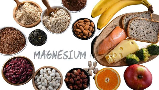 Healthy foods rich in magnesium including nuts, grains, fruits, and vegetables, highlighting Magnesium and Calcification.