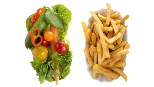 Mineral Content comparison of a fresh salad with vegetables and a side of French fries.