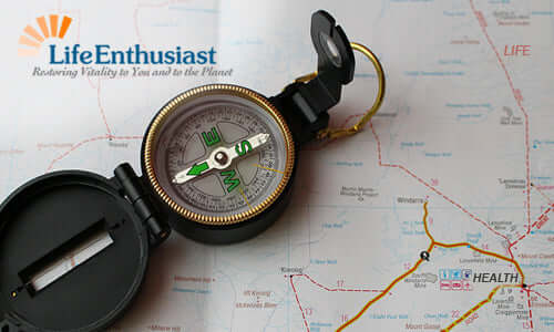 Metabolic Typing Journey to Wellness: compass on a map representing direction in health and wellness.