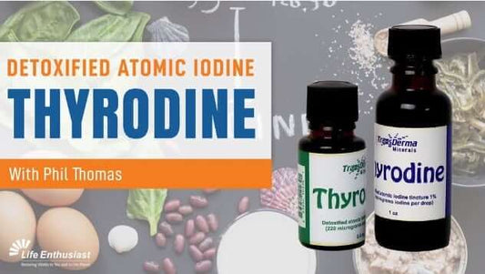 Detoxified atomic iodine products featuring Thyrodine by Phil Thomas in an informative display.