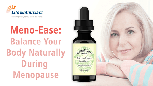 Meno-Ease herbal tincture for balancing the body naturally during menopause featured in a lifestyle image.