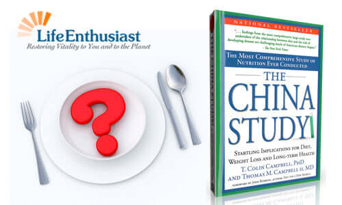 Cover of the book The China Study with a plate and utensils, promoting healthy eating and nutrition.