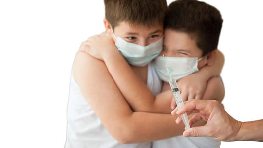 Children wearing masks show concern as they face a Vaccine Alert situation with a syringe presented nearby.