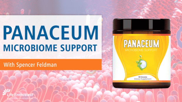 Panaceum for Healthy Microbiome dietary supplement shown with Spencer Feldman, promoting microbiome support.