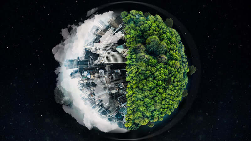 Depleted Soils and Hollow Foods concept representing environmental impacts on urban and natural settings.