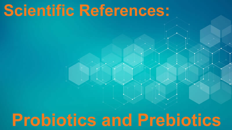 Image illustrating Scientific References: Probiotics and Prebiotics with a modern hexagonal design.