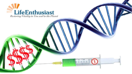 Scary GMO Foods represented by a DNA double helix and a syringe with dollar signs.