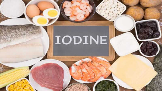 Iodine Health Benefits displayed with various iodine-rich foods such as fish, eggs, and vegetables.