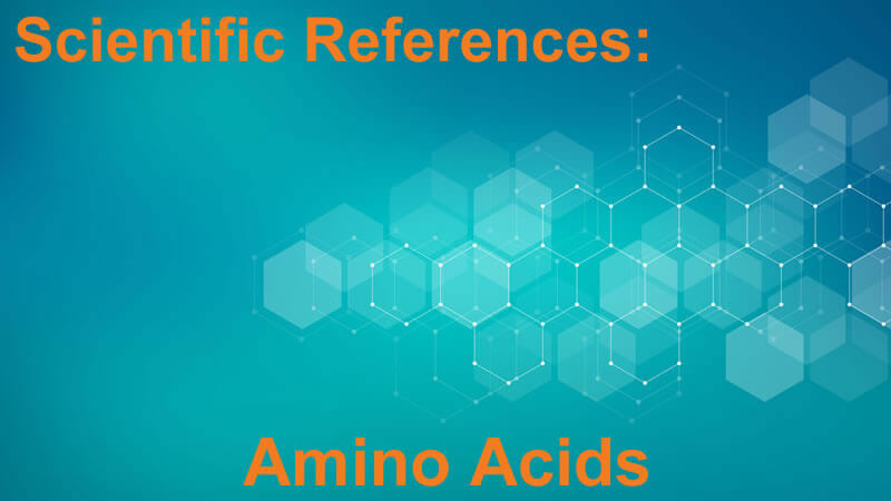 Scientific References Amino Acids graphic featuring a blue background and hexagonal design.