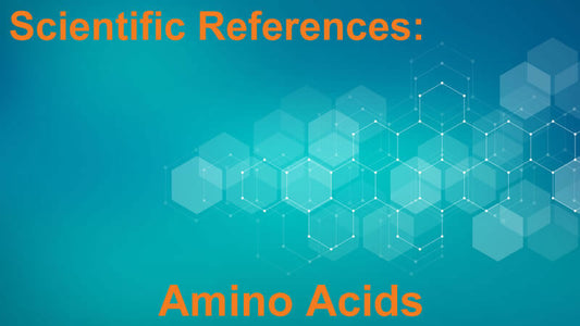 Scientific References Amino Acids graphic featuring a blue background and hexagonal design.