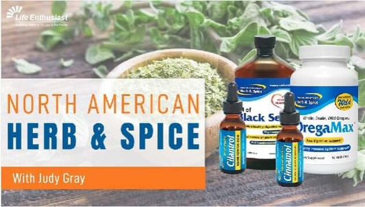 Oregano Oil featured in a display of herbal products including Black Seed and OregaMax bottles by North American Herb & Spice.