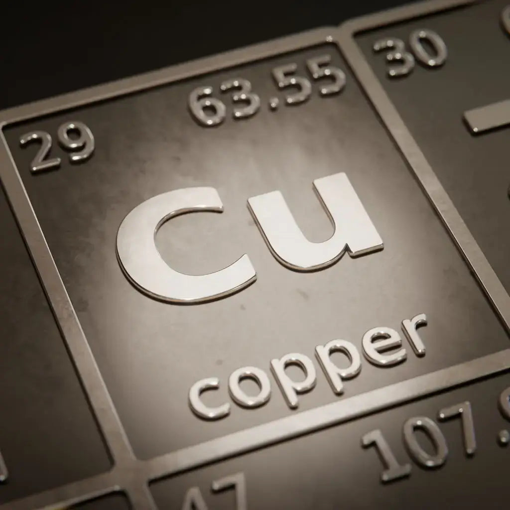 Close-up of the periodic table square featuring Cu and the word copper, highlighting the element copper.