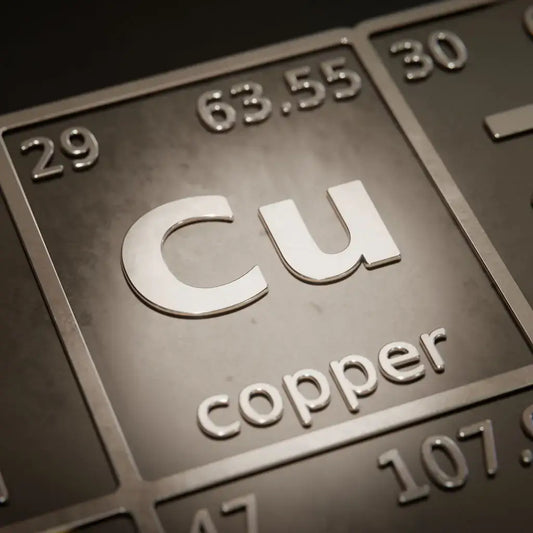Close-up of the periodic table square featuring Cu and the word copper, highlighting the element copper.