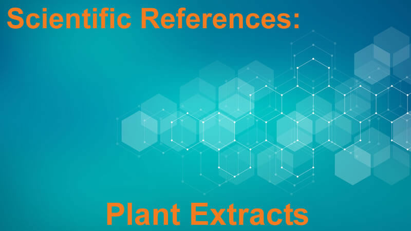 Scientific References Plant Extracts on a blue background with hexagonal patterns.