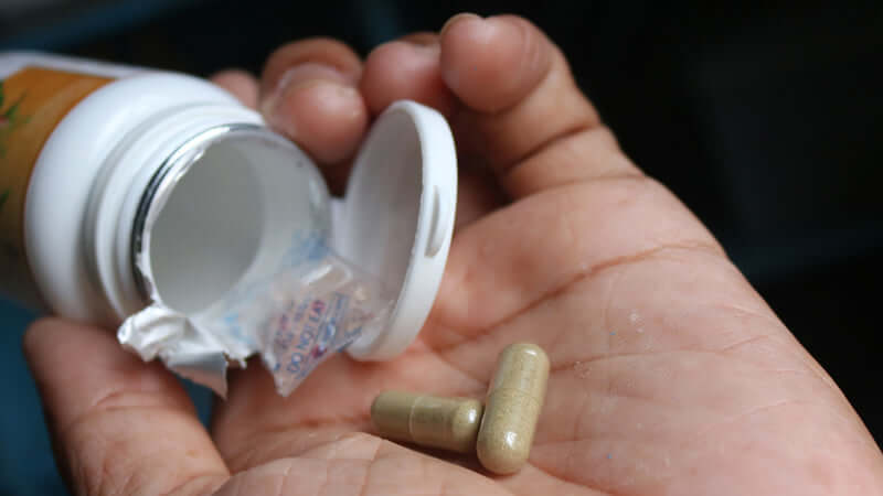 Systemic Enzymes capsules in hand, showcasing natural dietary supplements and health support.