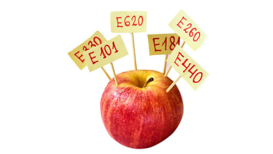 Toxic Additives in Your Food and Drink represented by an apple with labels of various food additives.