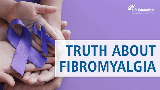 Hands holding purple ribbons with text reading Truth about Fibromayalgia for awareness and support.