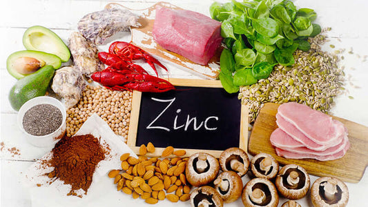 Healthy food sources of Zinc, including meat, nuts, seeds, and vegetables arranged around a chalkboard with the word Zinc.