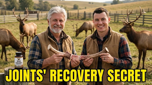 Noble Elk From Farm to Bottle: two men showcase elk antlers on a farm with elk in the background.