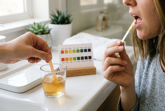 RemedyLink Saliva and Urine pH Protocol being demonstrated with pH test strips and urine sample.