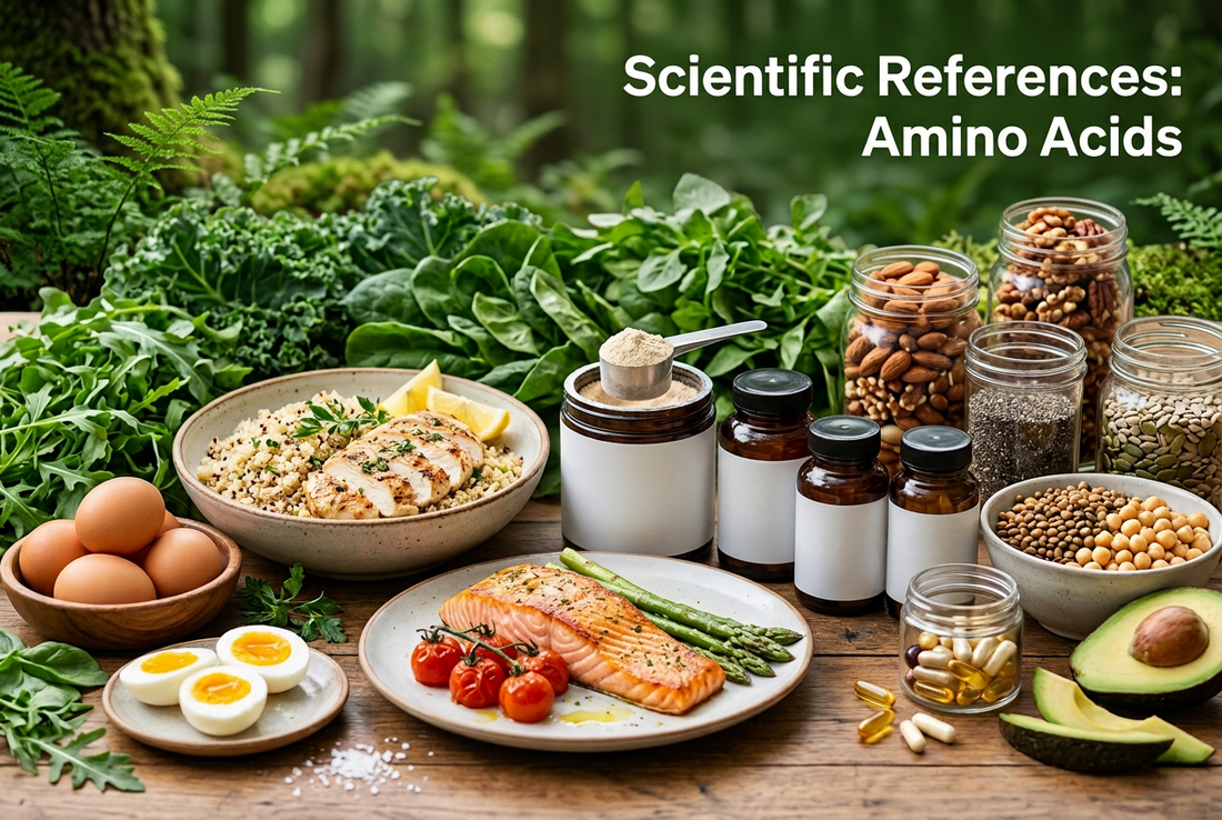Scientific References for Amino Acids displayed with a variety of healthy foods and supplements.