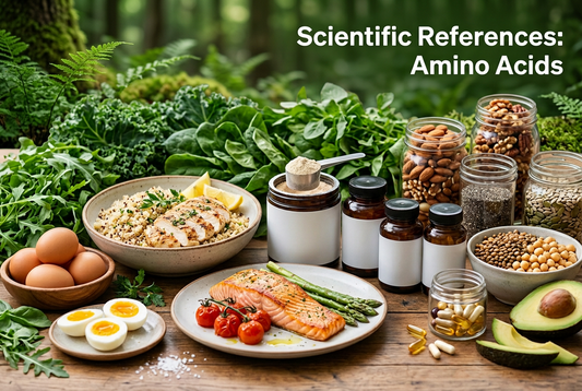 Scientific References for Amino Acids displayed with a variety of healthy foods and supplements.