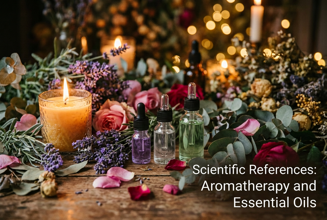 Scientific References for Aromatherapy and Essential Oils displayed with essential oil bottles and flowers.