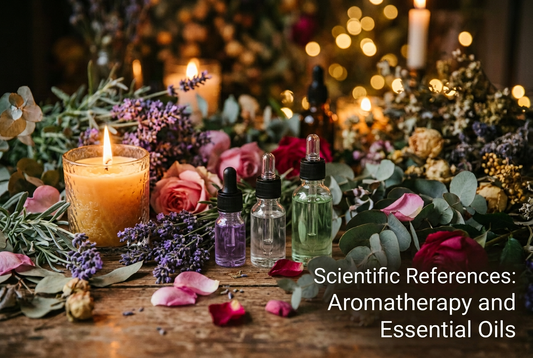 Scientific References for Aromatherapy and Essential Oils displayed with essential oil bottles and flowers.