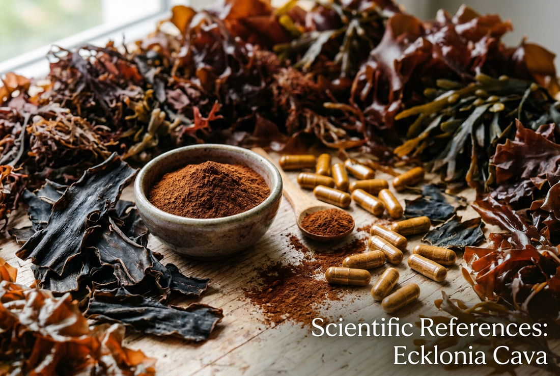 Scientific References for Ecklonia Cava with powdered seaweed and capsules on a wooden surface.