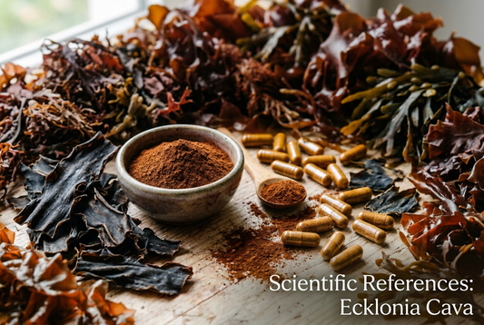 Scientific References for Ecklonia Cava with powdered seaweed and capsules on a wooden surface.