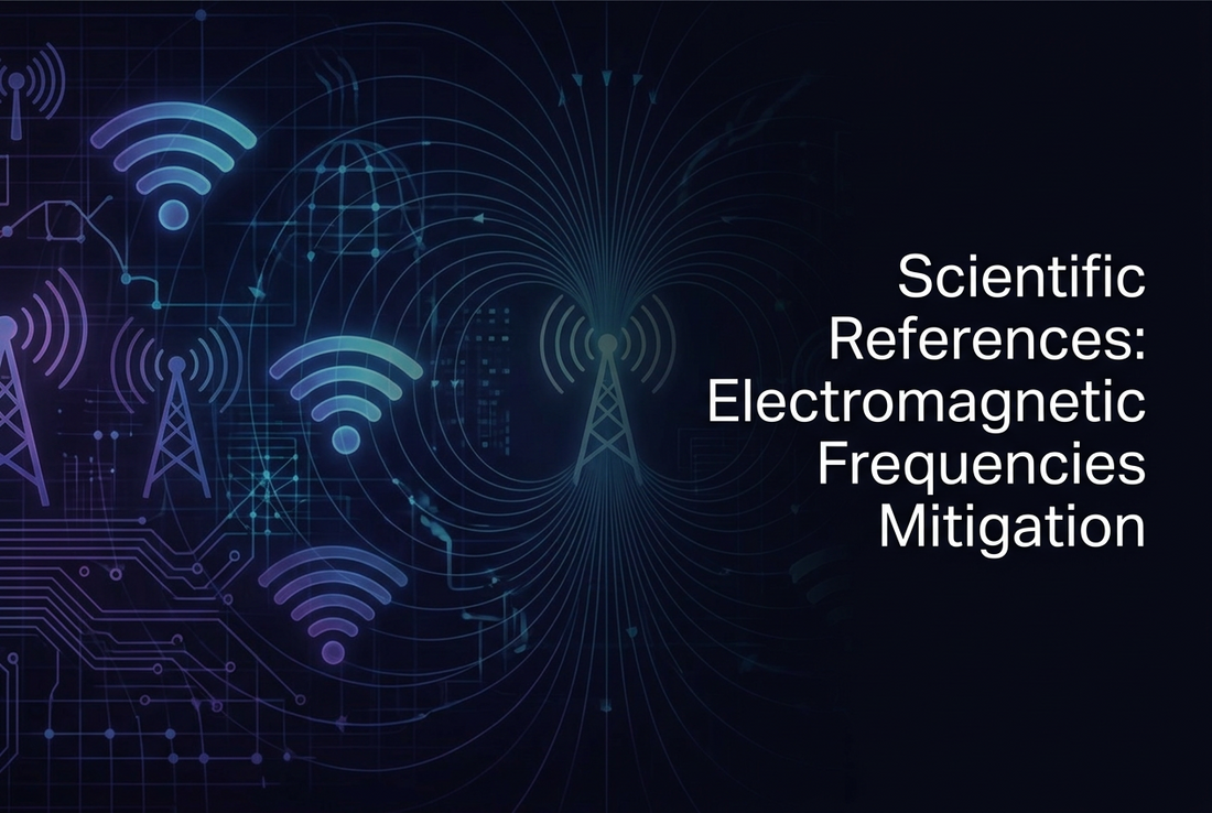 Scientific References for Electromagnetic Frequencies Mitigation with visuals of wireless signals and technology.