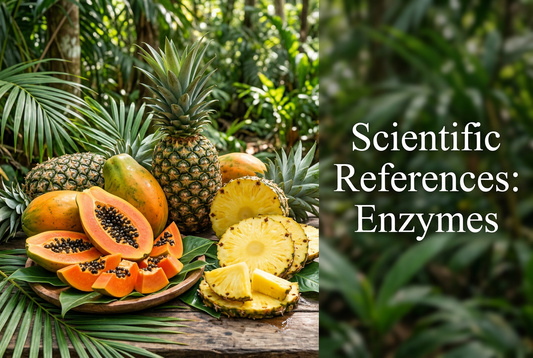 Tropical fruits with scientific references for enzymes displayed in a lush green environment.