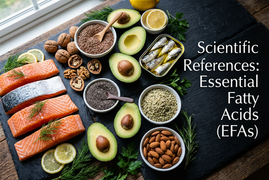 Scientific References for Essential Fatty Acids (EFAs) displayed with a variety of healthy foods and ingredients.