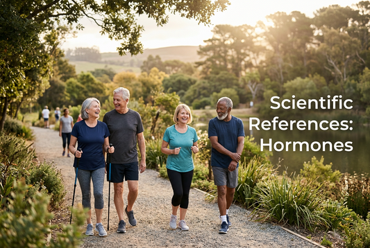 Group of people walking outdoors with text: Scientific References for Hormones, discussing health and wellness.