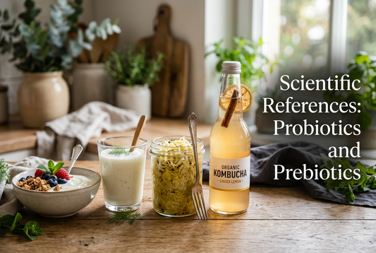 Scientific References Probiotics and Prebiotics with kombucha, yogurt, and fermented vegetables on a kitchen table.