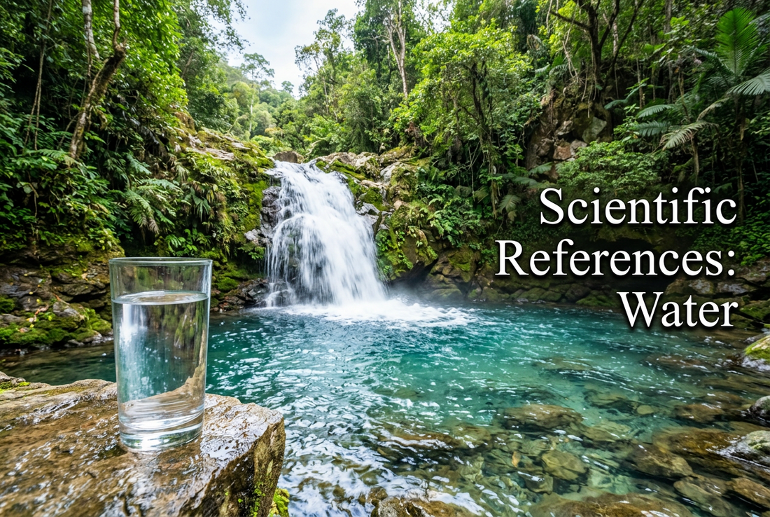 Glass of water beside a waterfall with text: Scientific References Energized Water.