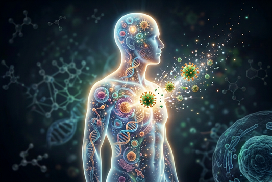 Illustration of human figure with highlighted areas representing immune response and RemedyLink Spike Protein Protocol.