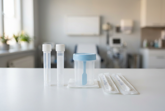 RemedyLink Stool Test and Colon Protocol testing materials on a table in a medical office.